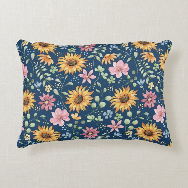 Yellow Sunflowers Pink Floral Blue Throw Decorative Cushion (Front)