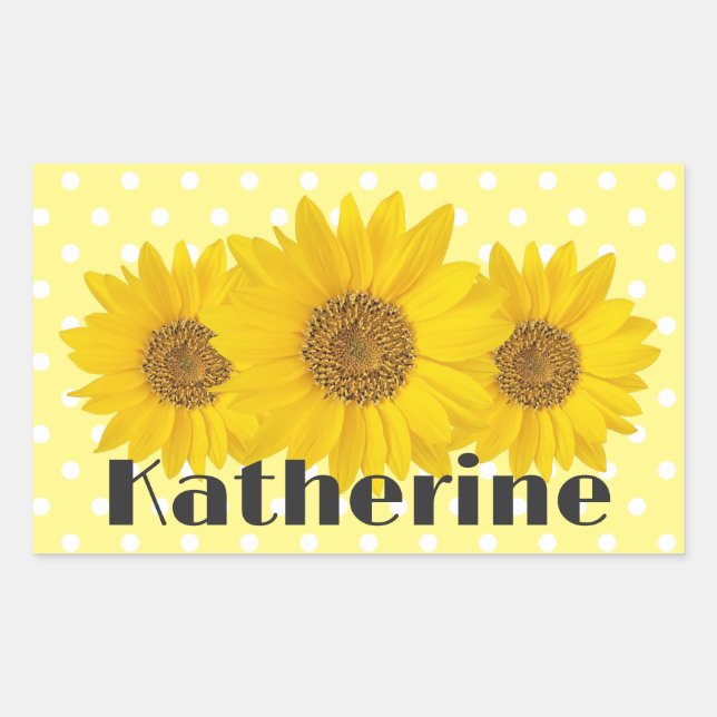 Yellow Sunflowers Polka Dots Custom Name Rectangular Sticker (Front)
