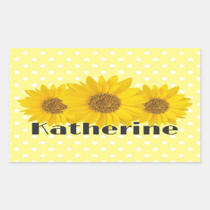 Yellow Sunflowers Polka Dots Custom Name Rectangular Sticker