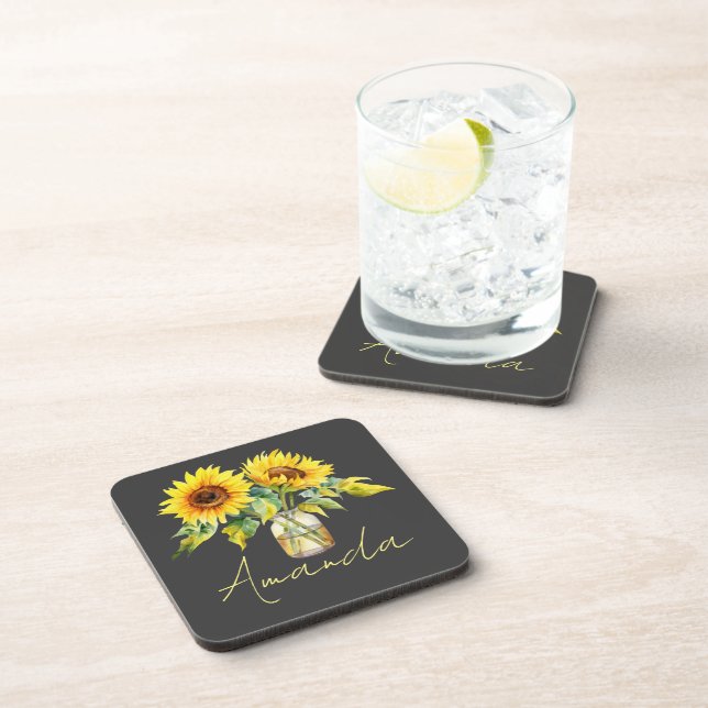 Yellow Sunflowers Pretty Black Minimalist Name Coaster (Right Side)