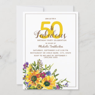 Yellow Sunflowers Purple Floral 50 Fabulous Invitation