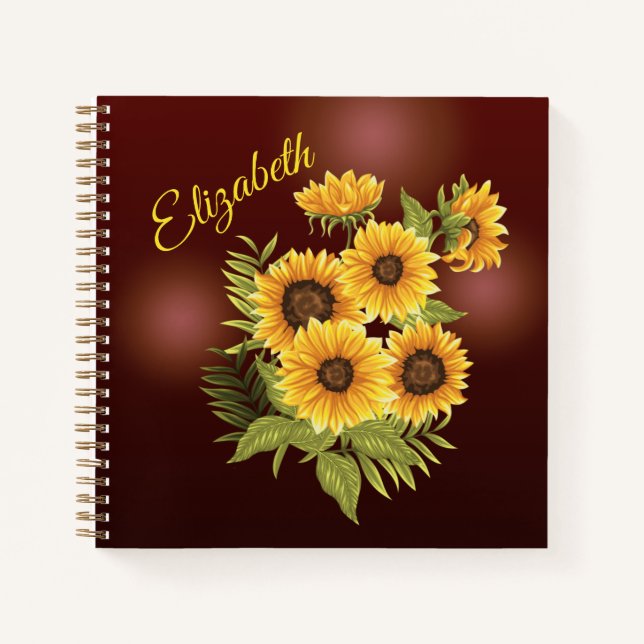 Yellow Sunflowers Rustic Brown Add Name Journal (Front)