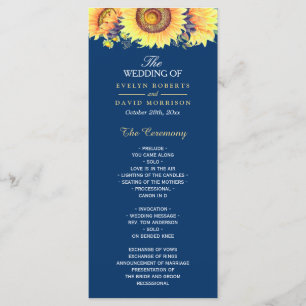 Yellow Sunflowers Rustic Navy Blue Wedding Program Programme
