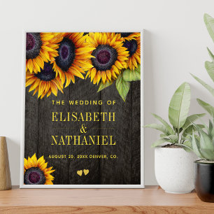 Yellow sunflowers rustic wood wedding welcome sign