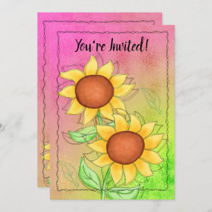 Yellow Sunflowers Textured Pink Green Anniversary Invitation