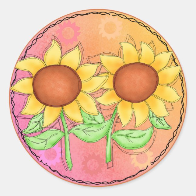 Yellow Sunflowers Textured Pink Green Floral Classic Round Sticker (Front)