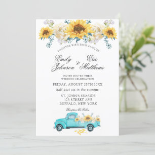 Yellow Sunflowers Turquoise Vintage Truck Wedding Invitation