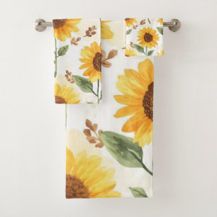 Yellow Sunflowers Watercolor Floral Whimsical Bath Towel Set