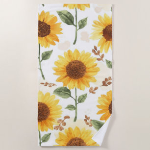 Yellow Sunflowers Watercolor Floral Whimsical Beach Towel