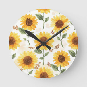 Yellow Sunflowers Watercolor Floral Whimsical Round Clock