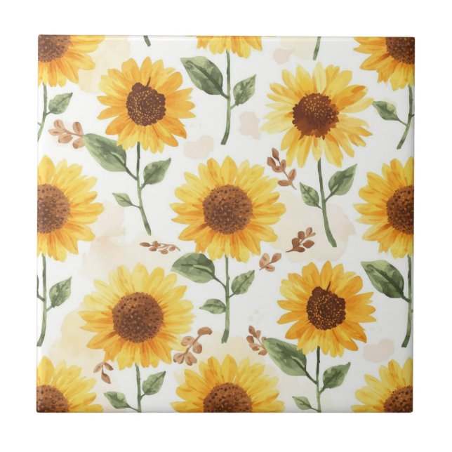 Yellow Sunflowers Watercolor Floral Whimsical Tile (Front)