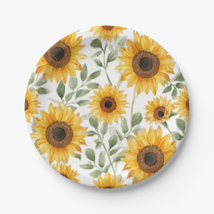 Yellow Sunflowers Watercolor Flower Painting Paper Plate