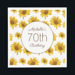 Yellow Sunflowers White 70th Birthday    Napkin<br><div class="desc">Girly and feminine 70th birthday party paper napkins designed with yellow sunflowers on white.  Text is fully customisable,  so these paper napkins can be designed for any age.</div>