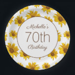 Yellow Sunflowers White 70th Birthday   Paper Plate<br><div class="desc">Girly and feminine 70th birthday party paper plates designed with yellow sunflowers on white.  Text is fully customisable,  so these paper plates can be designed for any age.</div>