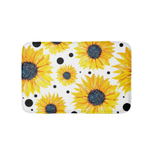 Yellow Sunflowers White Background Pattern Bath Mat
