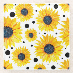 Yellow Sunflowers White Background Pattern Glass Coaster