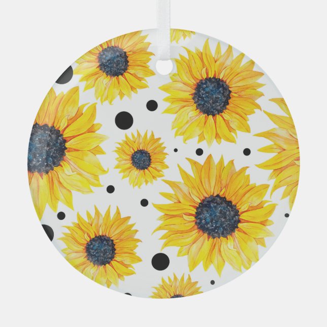 Yellow Sunflowers White Background Pattern Glass Tree Decoration (Front)