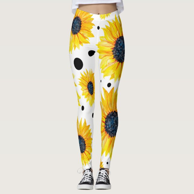 Yellow Sunflowers White Background Pattern Leggings (Front)