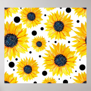Yellow Sunflowers White Background Pattern Poster