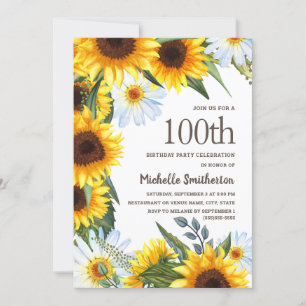 Yellow Sunflowers White Daisies 100th Birthday Invitation