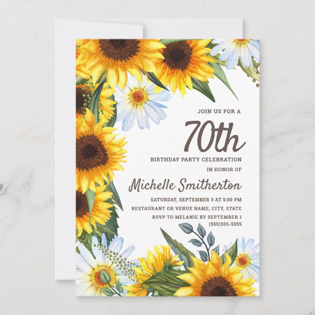 Yellow Sunflowers White Daisies 70th Birthday Invitation (Front)