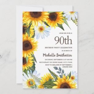 Yellow Sunflowers White Daisies 90th Birthday Invitation