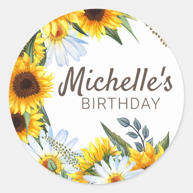Yellow Sunflowers White Daisies Birthday Name Classic Round Sticker (Front)