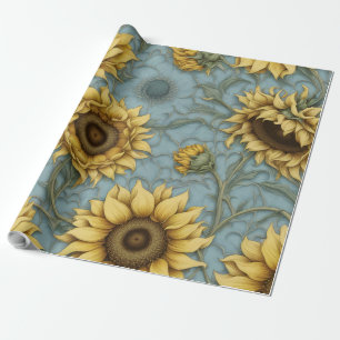 yellow sunflowers with pale blue background  wrapping paper
