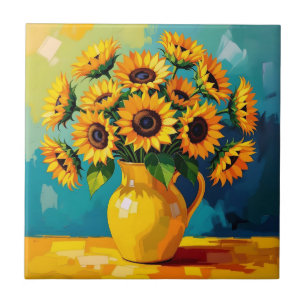 Yellow Sunflowers with Turquoise Background Tile
