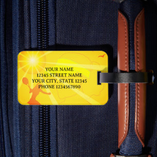 Yellow sunrays female tennis athlete silhouette luggage tag