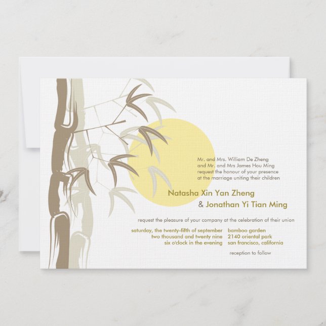 Yellow Sunrise Bamboo Garden Zen Asian Wedding Invitation (Front)