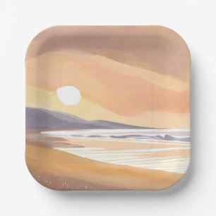 Yellow Sunset Shore   Watercolor Airy Painting Paper Plate