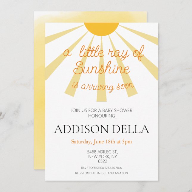Yellow Sunshine Baby Shower Invitation (Front/Back)