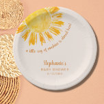 Yellow Sunshine Boho Baby Shower Paper Plate<br><div class="desc">These baby shower paper plates feature the text "A little ray of sunshine is almost here!" with a watercolor yellow sun on a cream background. Perfect for a gender-neutral baby shower. Easily customisable. Use the Design Tool to change the text size, style, or colour. Because we create our artwork you...</div>