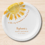 Yellow Sunshine Boho Baby Shower Paper Plate<br><div class="desc">These baby shower paper plates feature the text "A little ray of sunshine is almost here!" with a watercolor yellow sun. Perfect for a gender-neutral baby shower. Easily customisable. Use the Design Tool to change the text size, style, or colour. Because we create our artwork you won't find this exact...</div>