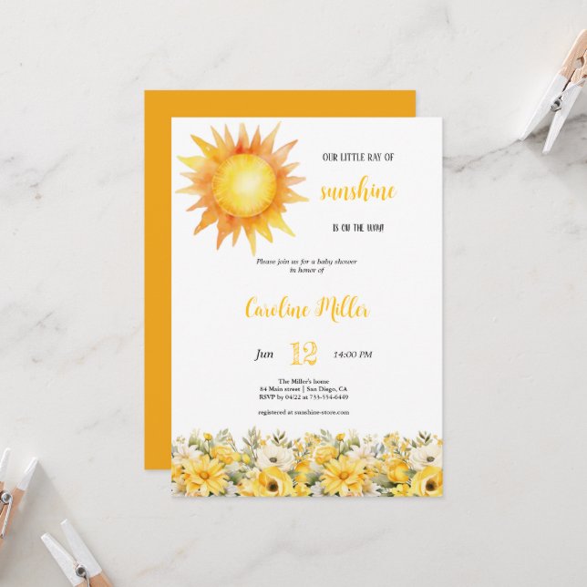 YELLOW SUNSHINE GIRL BABYSHOWER INVITATION (Front/Back In Situ)