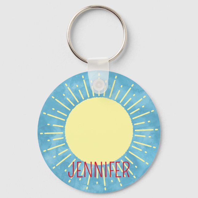 Yellow Sunshine In Blue Sky Editable Name  Key Ring (Front)