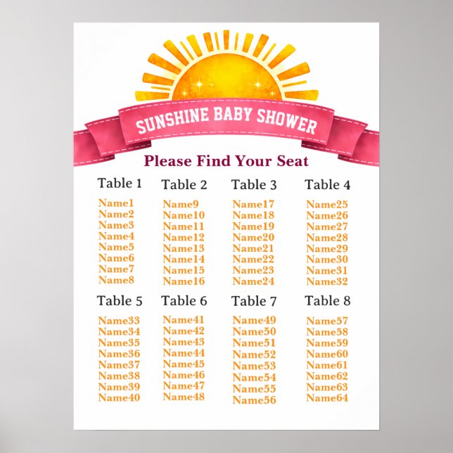 Yellow Sunshine Seating Chart For Baby Girl Shower (Front)