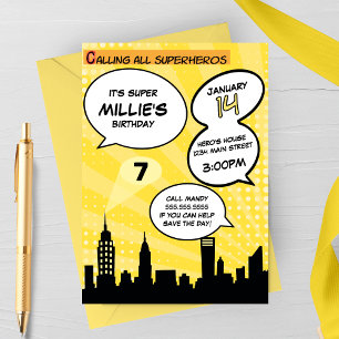 Yellow Superheros Comic Book Styled Birthday Party Invitation