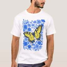 Yellow swallowtail blue flower t-shirt