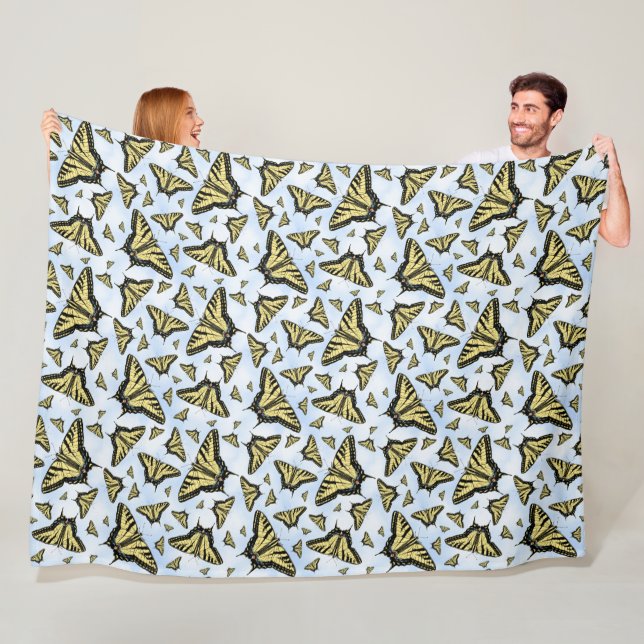 Yellow Swallowtail Butterflies Blue Sky Large Fleece Blanket (In Situ)