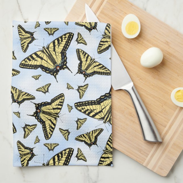 Yellow Swallowtail Butterflies on Blue Sky Pattern Tea Towel (Quarter Fold)