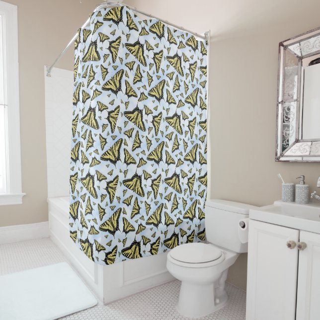 Yellow Swallowtail Butterflies Pattern on Blue Sky Shower Curtain (In Situ)