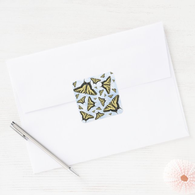 Yellow Swallowtail Butterflies Pattern on Blue Sky Square Sticker (Envelope)