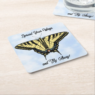 Yellow Swallowtail Butterfly Blue Sky Personalised Square Paper Coaster