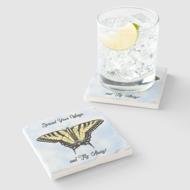 Yellow Swallowtail Butterfly Blue Sky Personalised Stone Coaster (Side)