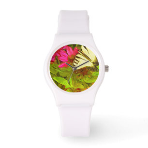 Yellow Swallowtail Butterfly on Flowers Abstract Watch