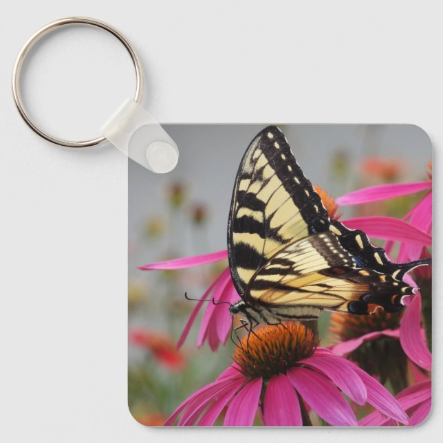 Yellow Swallowtail butterfly on Pink Echinacea Key Ring (Front)