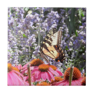 Yellow Swallowtail Butterfly Pink N Purple Flowers Tile