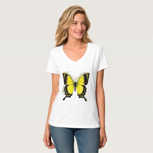 Yellow Swallowtail Butterfly V-Neck T-Shirt (Front Full)